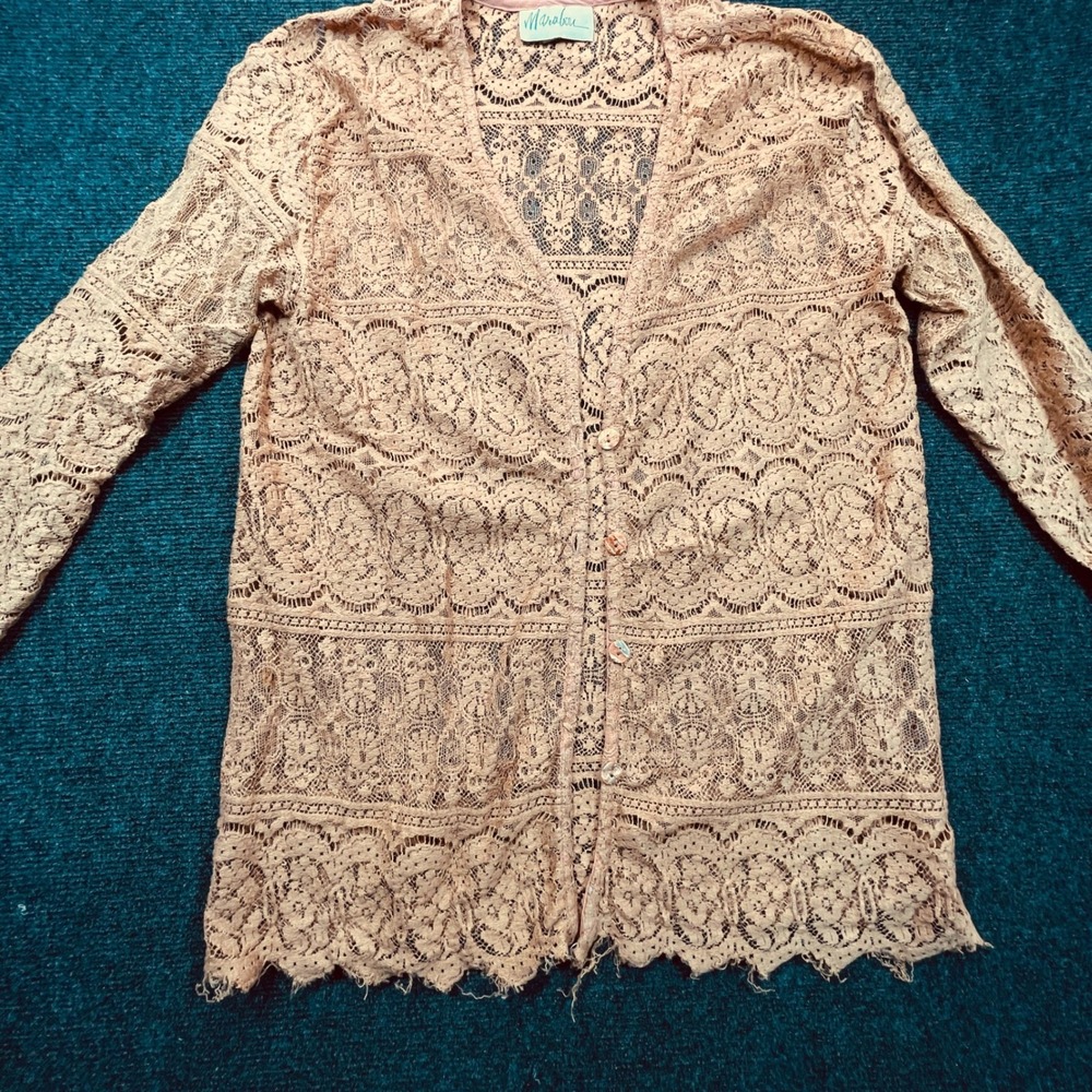 Marabou Vintage Lace Cardigan M Terracotta Brown Boho USA Made Sheer Victorian
